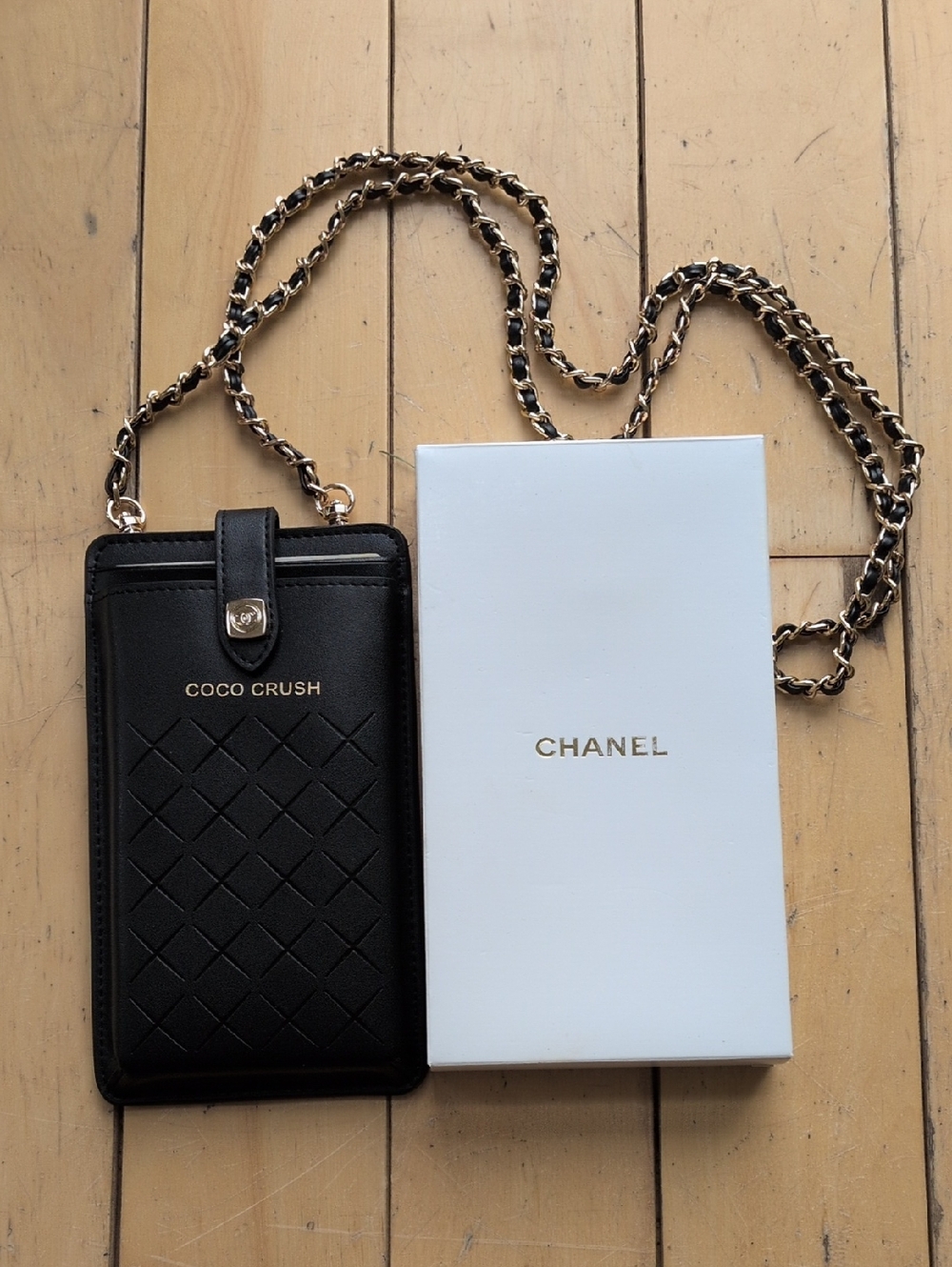 CHANEL Black Quilted Coco Crush Phone Crossbody with Gold Chain